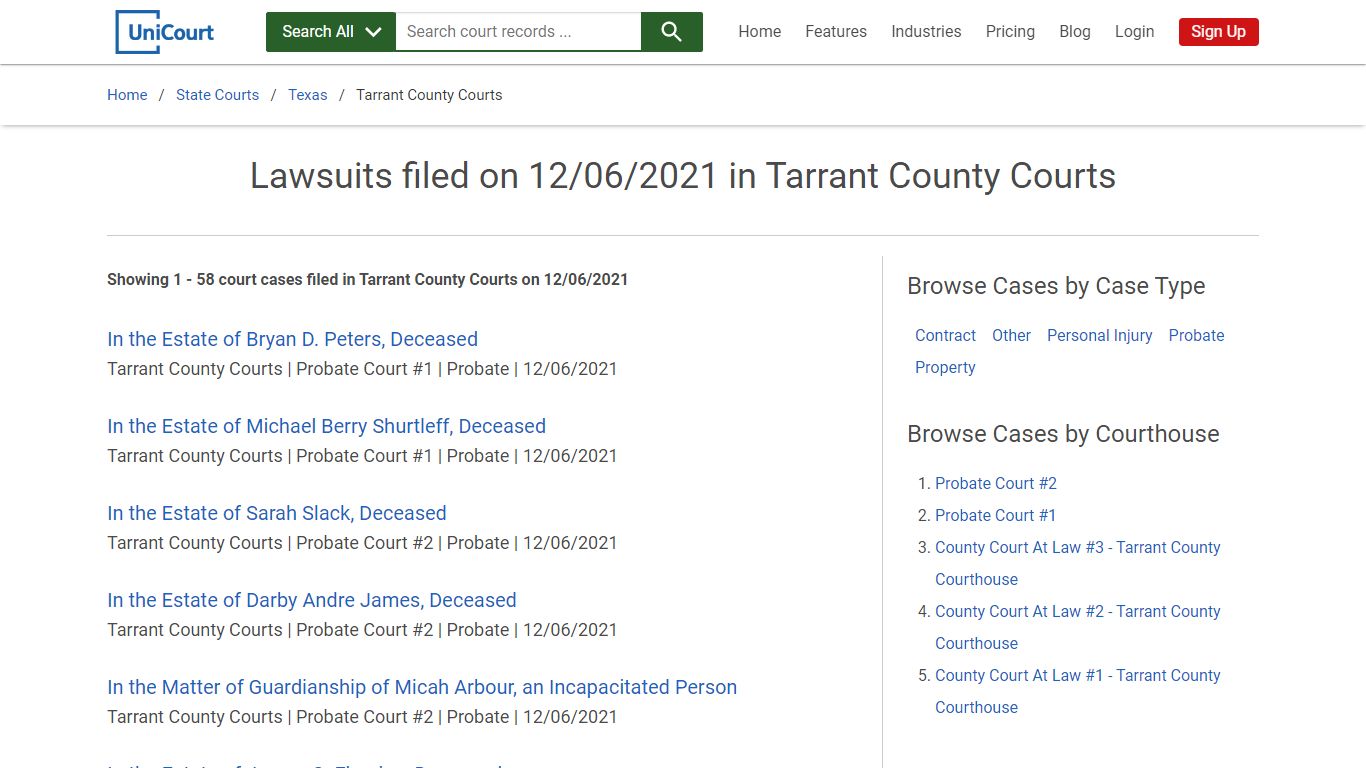 Lawsuits filed on 12/06/2021 in Tarrant County Courts - (1 ...